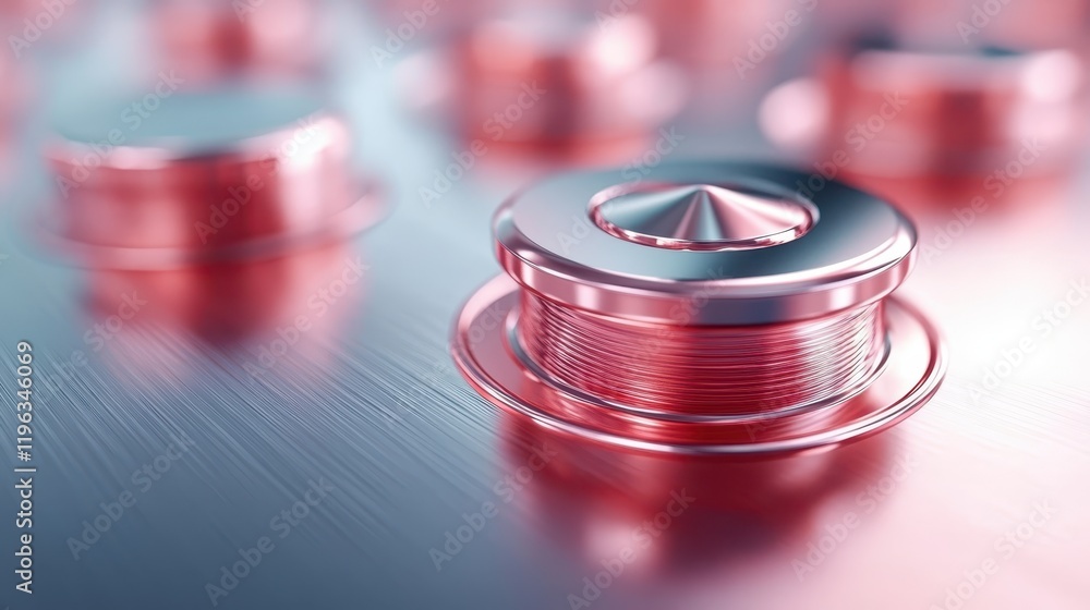 Poster closeup of single round metallic button on textured metal surface, study in detail and texture