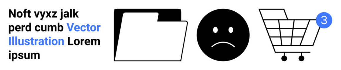 Folder, sad face, shopping cart with notification badge 3. Ideal for business, organization, emotions, shopping, notifications, communication, digital content. Landing page