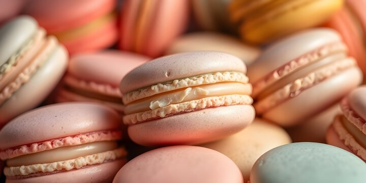 Vista de cerca de coloridos macarons franceses, que muestran vibrantes tonos pastel y texturas delicadas.