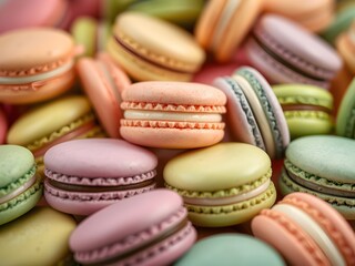 Obraz premium Close-up view of colorful French macarons, showcasing vibrant pastel hues and delicate textures