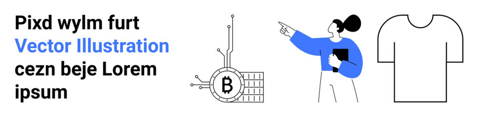 Text block, Bitcoin circuit, woman with clipboard, T-shirt. Ideal for websites, presentations, marketing, education, finance, tech blogs, eCommerce. Landing page