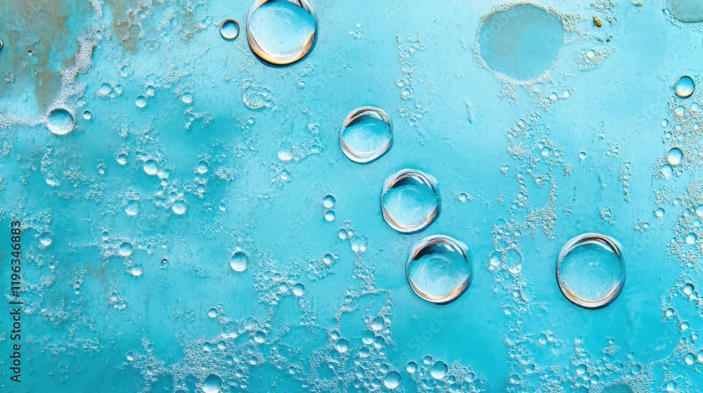 Poster mesmerizing macro photography, water droplets on vibrant blue surface, creating an abstract and refr