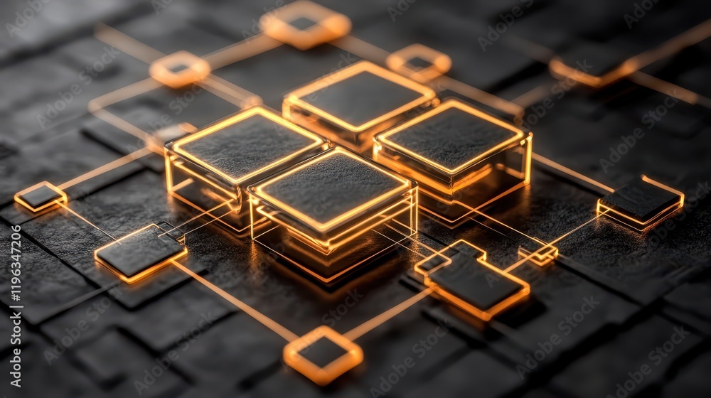 Poster dynamic interplay of orange and black cubes in an abstract composition. explore the captivating cont