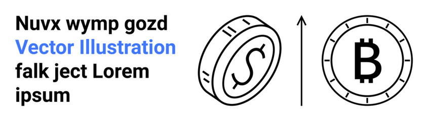 Coins with dollar and Bitcoin symbols side by side, including upward arrow, indicating growth and change in financial landscape. Ideal for fintech, investment, blockchain, finance, technology