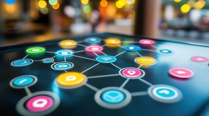 Colorful social media icons on tablet, connect to vibrant online community through digital communication