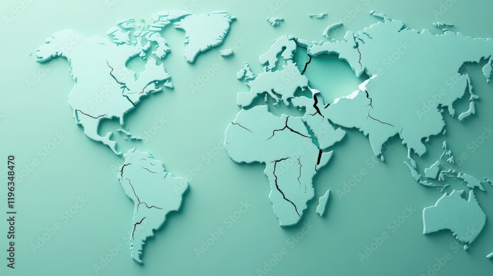 Poster global disruption, world map with torn paper symbolizing fragility and change