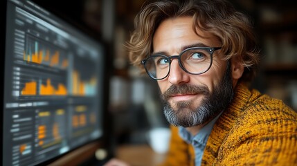 Obraz premium Man with glasses looking thoughtfully at computer screen displaying data graphs.