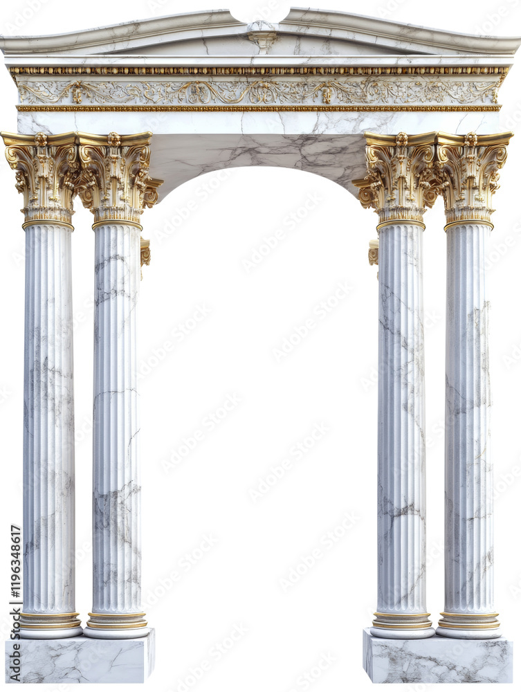 Poster A digitally rendered image showcasing a grand marble archway supported by two ornate golden Corinthian columns.