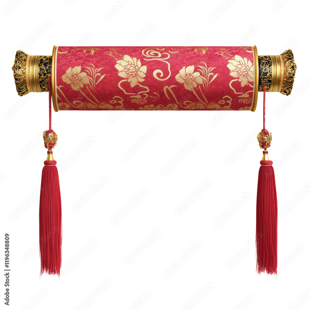 Poster a meticulously detailed image of a red chinese scroll adorned with gold floral patterns and finished