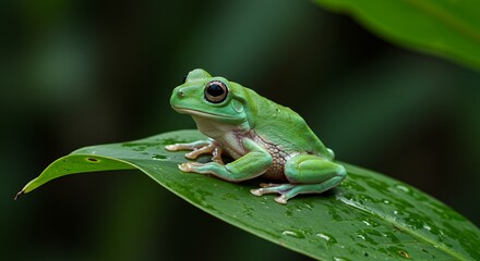 Fototapeta premium Beautiful Green Tree Frog on Lush Vibrant Leaf in Tropical Rainforest Nature Photography wet cute eyes macro 