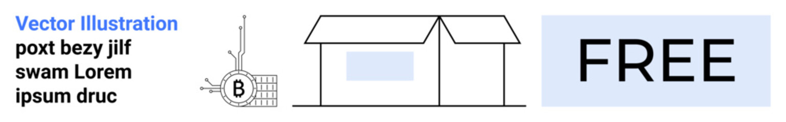 House with a satellite dish, Bitcoin mining rig, and large FREE text on light blue background. Ideal for technology, cryptocurrency, real estate, promotional banners, infographic elements