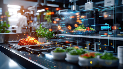 High tech food processing scene with digital interface displaying ingredients and data. modern kitchen filled with fresh produce and advanced technology