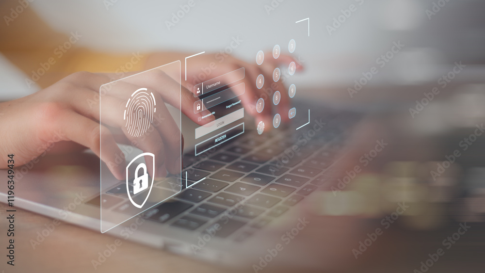 Poster hands typing and entering username and password of social media, logging in to an online bank accoun