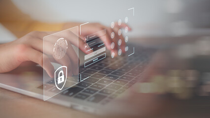 Hands typing and entering username and password of social media, logging in to an online bank...
