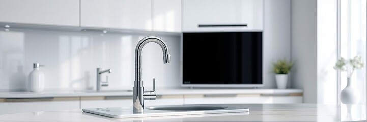 Modern chrome faucet with sleek design and advanced generative AI technology, smart, generative AI, kitchen