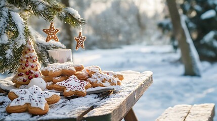 A park covered with snow christmas cookies are arranged neatly on a picnic table