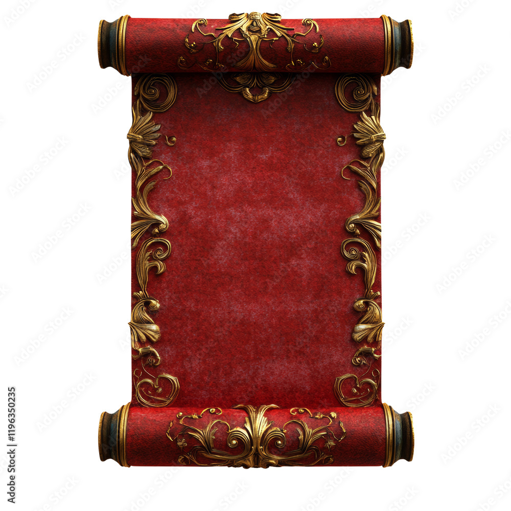 Poster a digitally rendered image showcases an ornate red scroll with elaborate gold detailing suitable for