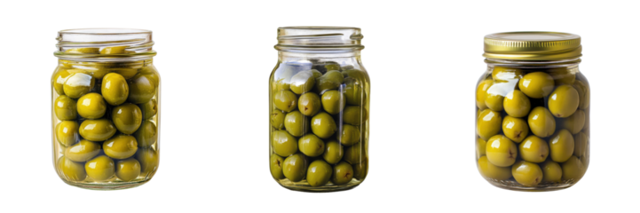 A Set of Pickled Green Olives in Glass Containers Ideal for Gourmet Cooking Isolated on Transparent Background