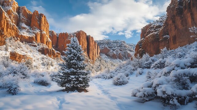 A peaceful canyon with a glistening christmas tree encircled by unmelted snow