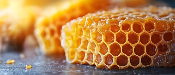 Golden honeycomb close-up, sweet honey texture.