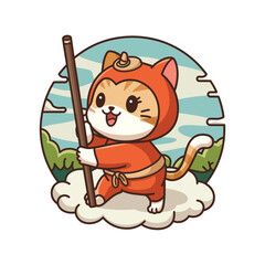 A cute cartoon cat character wearing an orange outfit and a small hat, holding a stick. 