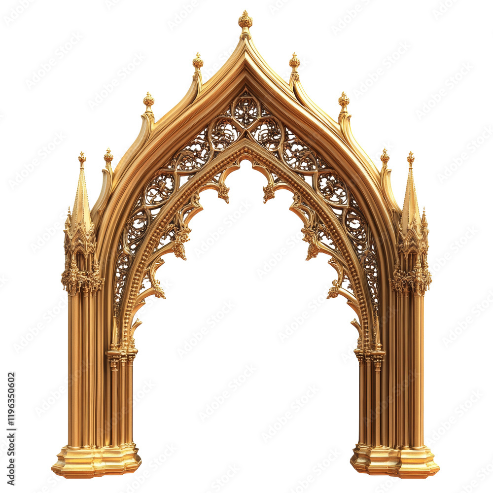 Poster a digitally rendered image showcases a highly detailed golden gothic archway with intricate carvings