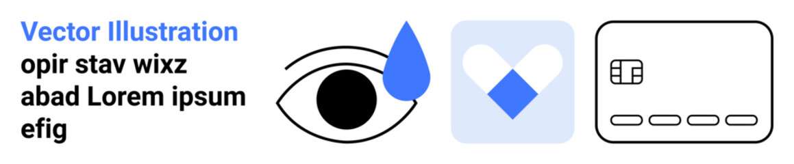 Black outlined eye with blue teardrop, blue heart hands symbol in square, and simplified credit card. Ideal for emotional content, healthcare, financial services, charity, identity, design
