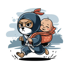 A cartoon-style ninja fox with a black outfit and red headband is running.