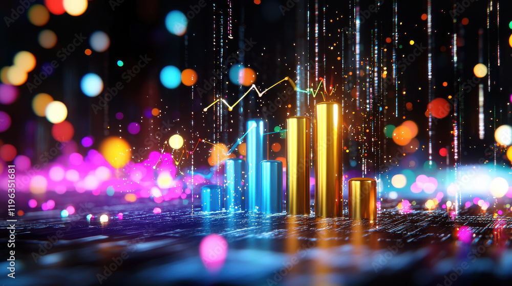 Aufkleber colorful data visualization with glowing bars representing market growth, showcasing vibrant lights 