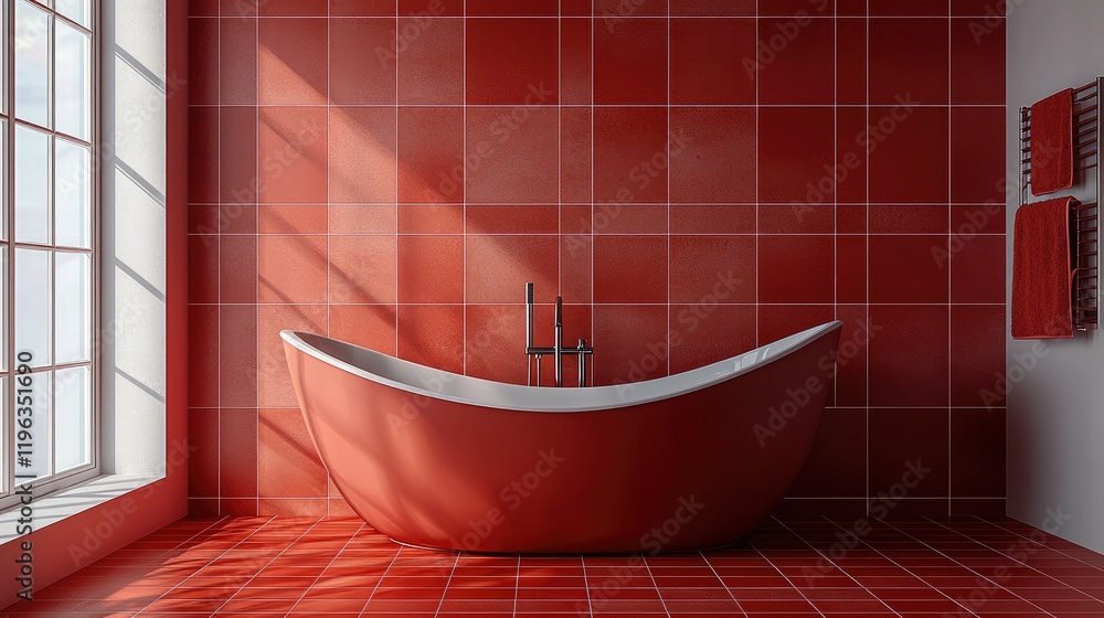 Poster A red bathtub, positioned on a red floor. The walls feature a red checkered bathroom texture, adding depth and pattern to the background.