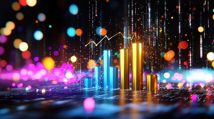 Colorful data visualization with glowing bars representing market growth, showcasing vibrant lights and dynamic trends in digital environment