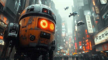 Futuristic robot in cyberpunk city.
