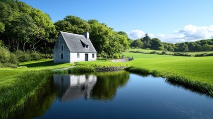 Obraz premium Tranquil countryside scene with a cottage by a reflective pond.