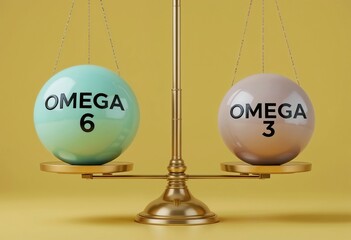 Balanced scales showcasing Omega-6 and Omega-3 fatty acids against a yellow backdrop.