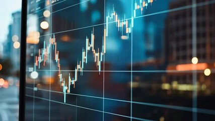 Colorful financial charts illuminate the urban landscape while evening commuters stroll through the bustling city streets - Powered by Adobe