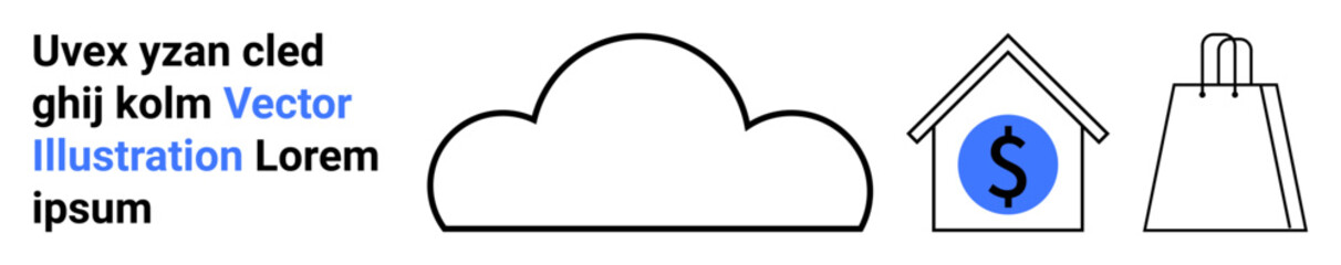 Cloud represents data storage, house with dollar sign depicts financial services, shopping bag symbolizes e-commerce. Ideal for tech, finance, retail, cloud computing, online shopping, digital