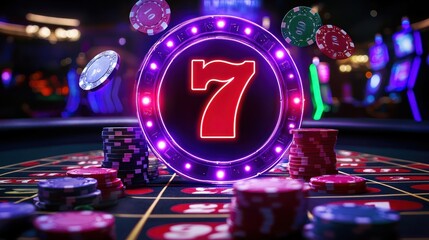 A lucky 7 sign in bright neon lights at a casino, with chips and cards spread on a table.