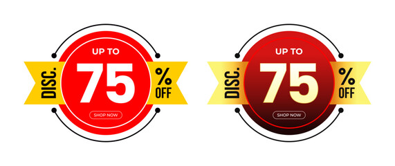 Discount Sticker of Special Offer discount up to 75% Off. Black and Red Gradient background isolated on white. Circle frame with ribbon. For Tag, Price, Discount Label. Vector Illustration
