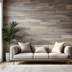 Light Grey Sofa in Room with Wooden Wall