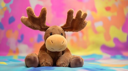 A plush moose with large antlers isolated on a colorful background