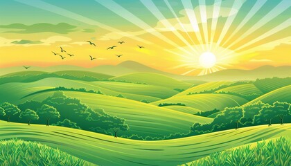 Fototapeta premium A vibrant sunrise over rolling green hills, with birds flying in the blue sky.