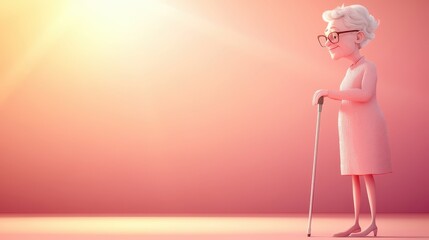 Fototapeta premium Elegant woman in pink dress, glasses, and cane, portrait of confidence style.