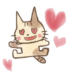 大好きなものに出会ったハートの目をして飛び上がっているミケ猫
