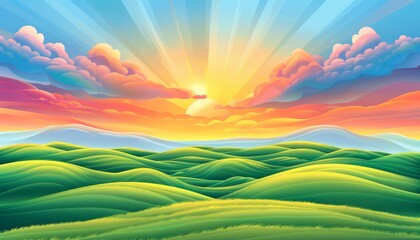 Obraz premium A vibrant sunrise over rolling green hills with a bright sun and colorful clouds.