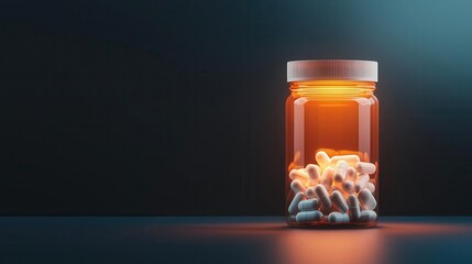 Pills inside a glowing childproof container, safety in medication, 3D illustration