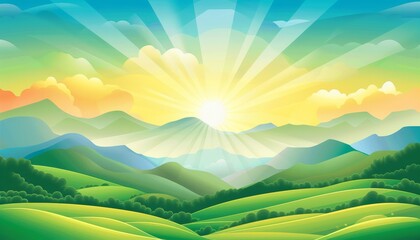 Obraz premium A vibrant sunrise over rolling green hills and misty mountains, with a bright sun shining down.