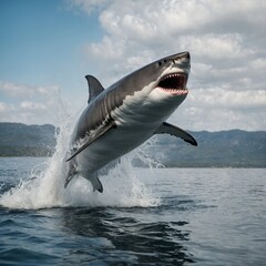 Fototapeta premium A great white shark leaping out of the water, mid-air pose, isolated on a white background.