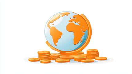 Global finance and investment, globe with coins symbolizing international trade economic growth