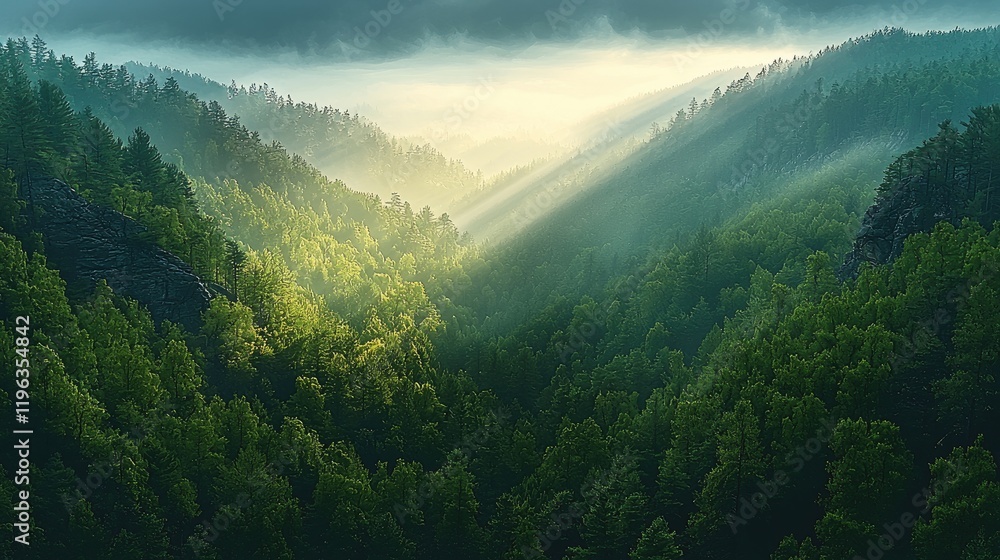 Poster a dense forest covering steep mountain slopes, with sunlight breaking through the canopy and creatin