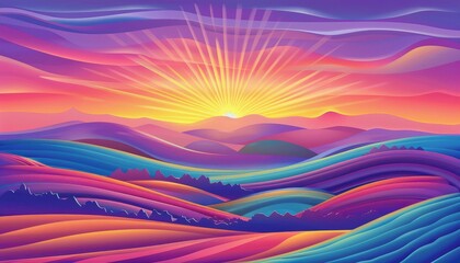 A vibrant sunrise over a colorful landscape with rolling hills and a glowing sun.